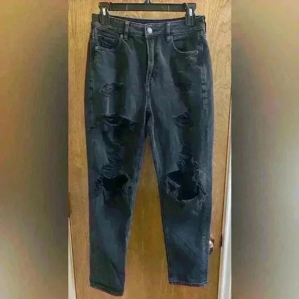 American Eagle Outfitters Black Distressed Straight Leg Jeans